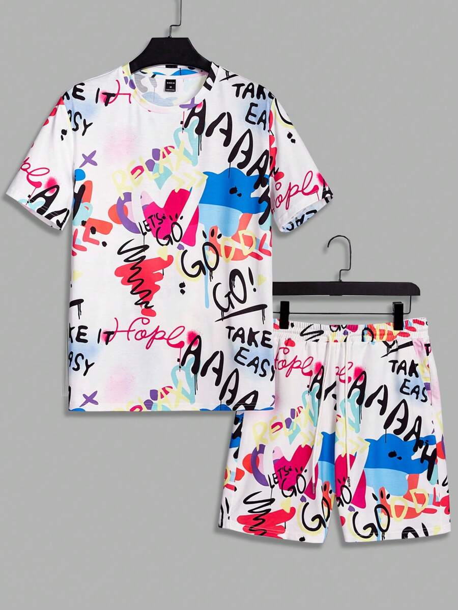Manfinity RebelGame 男士字母圖案T恤和短褲 - 彩色 - 查看 1