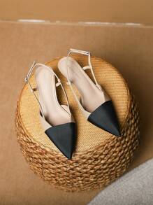 Women Two Tone Point Toe Pyramid Heeled Slingback Pumps, Elegant Outdoor Pumps