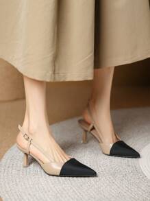 Women Two Tone Point Toe Pyramid Heeled Slingback Pumps, Elegant Outdoor Pumps