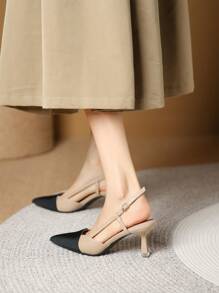 Women Two Tone Point Toe Pyramid Heeled Slingback Pumps, Elegant Outdoor Pumps