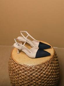 Women Two Tone Point Toe Pyramid Heeled Slingback Pumps, Elegant Outdoor Pumps