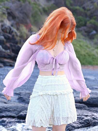 Fairycore Sweetheart Neck Knot Front Flounce Sleeve Crop Blouse