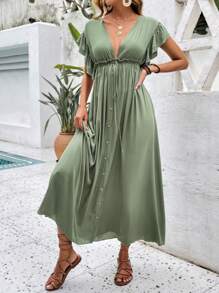 SHEIN VCAY 深V領前打結荷葉邊前紐扣洋裝 - 軍綠色 - 查看 4