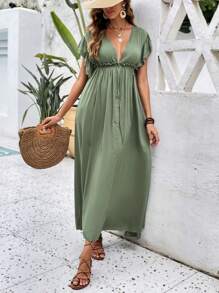 SHEIN VCAY 深V領前打結荷葉邊前紐扣洋裝 - 軍綠色 - 查看 6