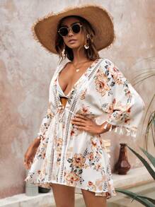 Swim Vcay Floral Print Tassel Trim Drawstring Waist Kimono - Multicolor - View 4