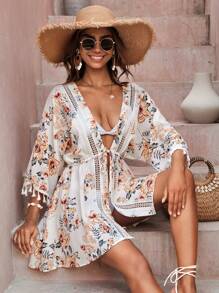 Swim Vcay Floral Print Tassel Trim Drawstring Waist Kimono - Multicolor - View 6