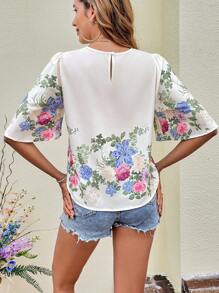SHEIN VCAY Floral Print Flounce Sleeve Blouse - Multicolor - View 2
