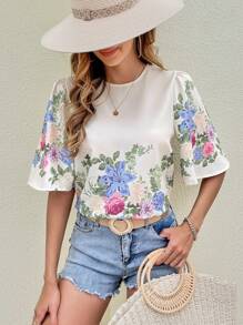SHEIN VCAY Floral Print Flounce Sleeve Blouse - Multicolor - View 3