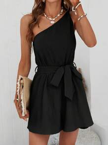 SHEIN VCAY Áo liền quần nữ Thắt lưng Thắt nút màu trơn Giải trí - màu đen - Xem 1