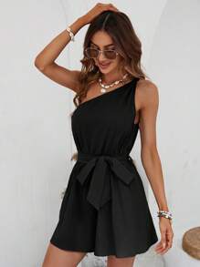 SHEIN VCAY Áo liền quần nữ Thắt lưng Thắt nút màu trơn Giải trí - màu đen - Xem 4