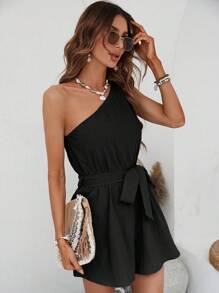 SHEIN VCAY Áo liền quần nữ Thắt lưng Thắt nút màu trơn Giải trí - màu đen - Xem 5