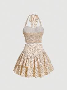 SHEIN MOD Bộ đồ hai mảnh nữ Lộ Lưng Buộc lại phân lớp Dây kéo Dải chun Nếp gấp Phần Ngực Họa tiết hoa Boho - Nhiều màu - Xem 2