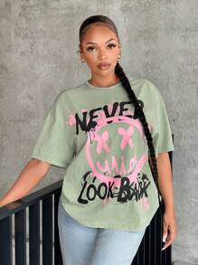 SHEIN SXY Cartoon & Slogan Graphic Drop Shoulder Tee NEVER LOOK BACK - Mint Green - View 1