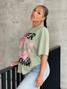 SHEIN SXY Cartoon & Slogan Graphic Drop Shoulder Tee NEVER LOOK BACK - Mint Green - View 3