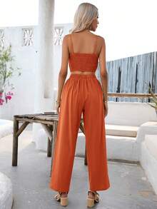 SHEIN VCAY unicolor Top de tirantes crop & Pantalones de pierna ancha - Color caoba - Ver 2