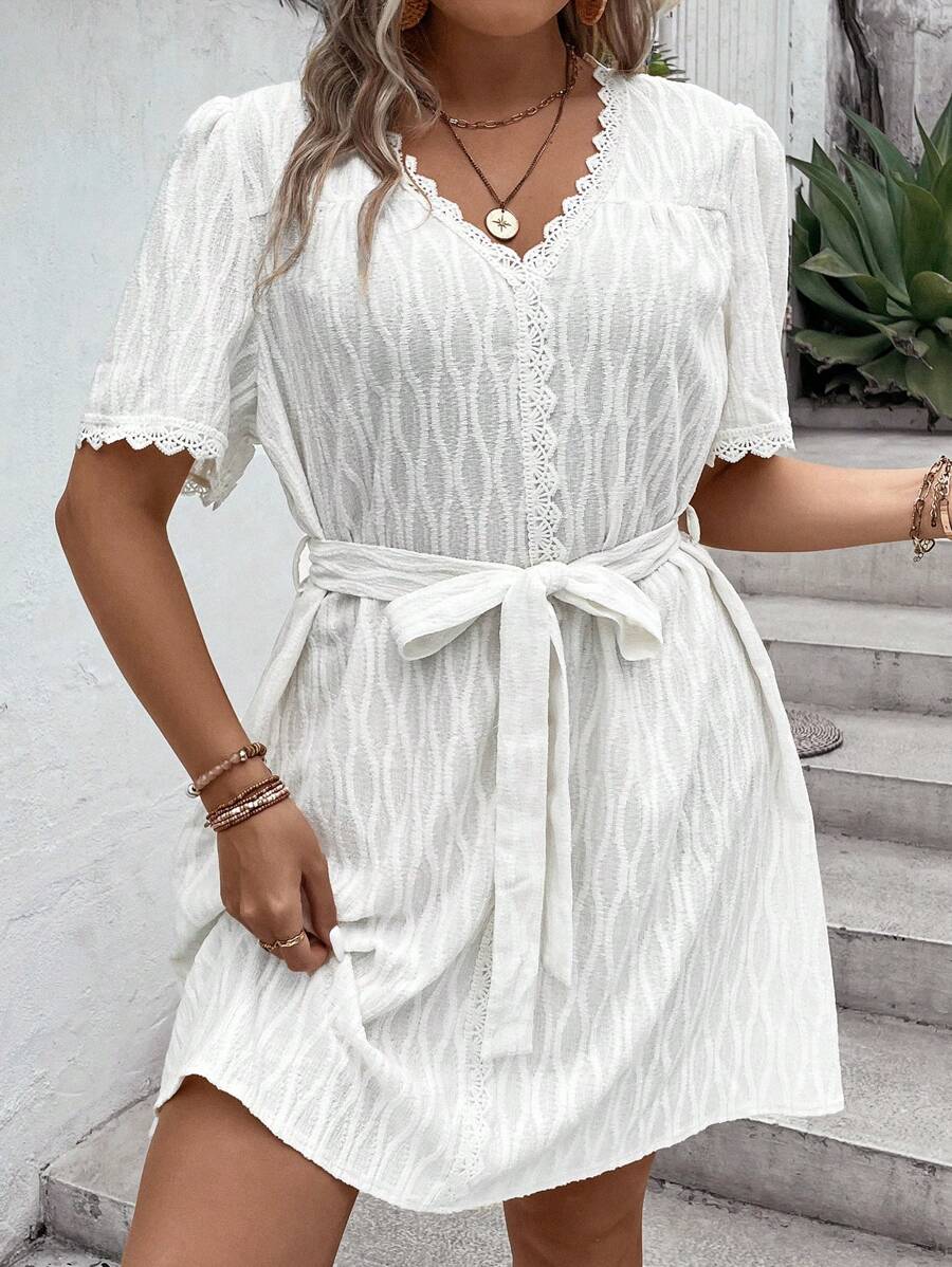 SHEIN LUNE Plus Guipure Lace Trim Belted Dress - White - View 1