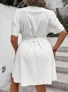 SHEIN LUNE Plus Guipure Lace Trim Belted Dress - White - View 2