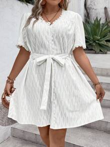 SHEIN LUNE Plus Guipure Lace Trim Belted Dress - White - View 4