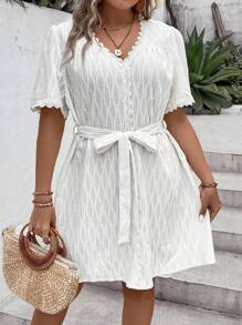 SHEIN LUNE Plus Guipure Lace Trim Belted Dress - White - View 5