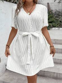 SHEIN LUNE Plus Guipure Lace Trim Belted Dress - White - View 6