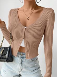 SHEIN Frenchy Nữ Cardigans Nút phía trước màu trơn Giải trí - Màu Khaki - Xem 1