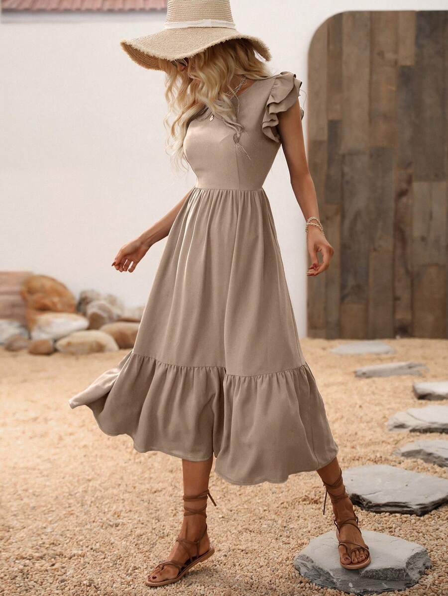 Breezaya Đầm Xù Viên lá sen màu trơn Giải trí - Màu be - Xem 1