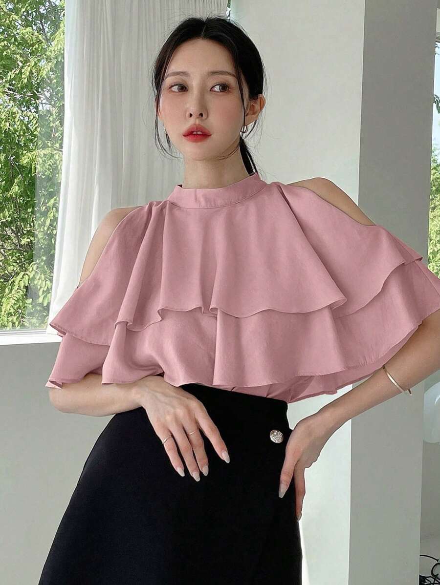 DAZY 冷肩襯邊襯衫,襯有荷葉邊 - 藕粉色 - 查看 1