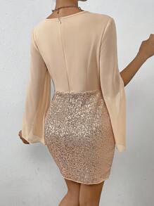 SHEIN Unity 撞色亮片开叉袖紧身连衣裙，适合节日聚会穿着 - 杏色 - 查看 2