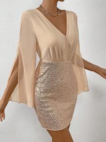 SHEIN Unity 撞色亮片开叉袖紧身连衣裙，适合节日聚会穿着 - 杏色 - 查看 3