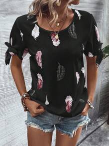 SHEIN LUNE Blusa con estampado de hoja amarre en manga - Negro - Ver 1