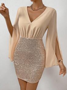 SHEIN Unity 撞色亮片开叉袖紧身连衣裙，适合节日聚会穿着 - 杏色 - 查看 4