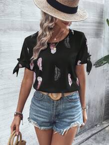 SHEIN LUNE Blusa con estampado de hoja amarre en manga - Negro - Ver 3