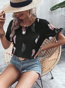 SHEIN LUNE Blusa con estampado de hoja amarre en manga - Negro - Ver 5