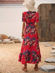 SHEIN VCAY Đầm Xù Tách cao Nút phía trước Nhiệt đới Tất cả trên in Boho - Đỏ - Xem 2