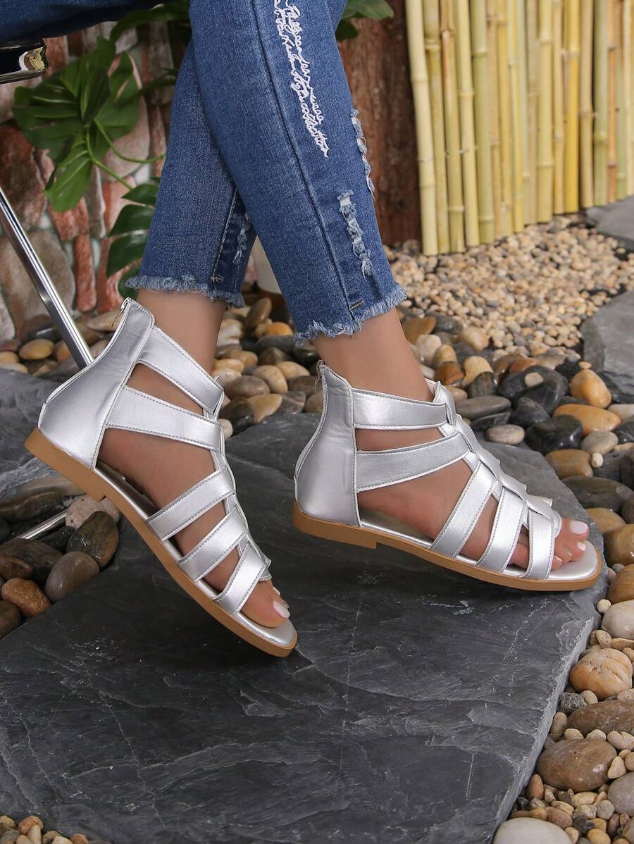 Women Metallic Gladiator Sandals, Vacation Silver Flat Sandals - Silver - View 1