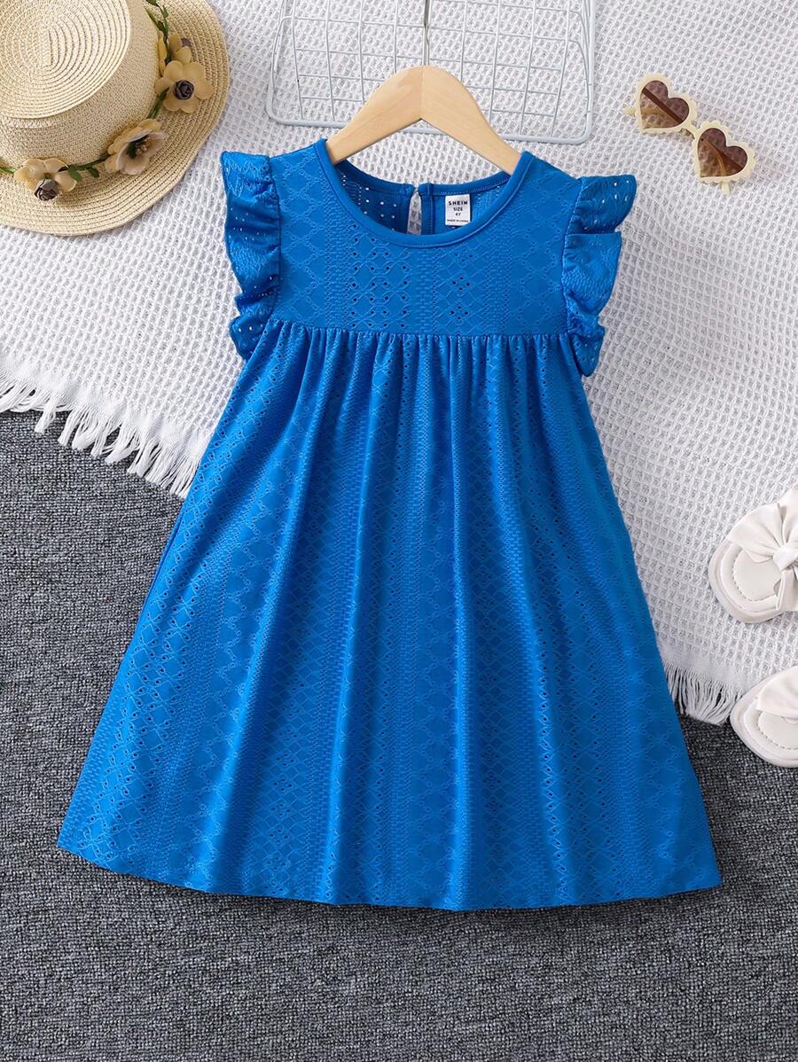 SHEIN Vestido de línea A con volados en el dobladillo, mangas cortas y calado de punto para niñas, estilo dulce y fresco, elegante, apropiado para verano, exteriores y toda ocasión, fresco y fresco en el caluroso verano - Azul - Ver 1