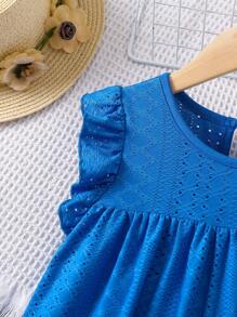 SHEIN Vestido de línea A con volados en el dobladillo, mangas cortas y calado de punto para niñas, estilo dulce y fresco, elegante, apropiado para verano, exteriores y toda ocasión, fresco y fresco en el caluroso verano - Azul - Ver 3