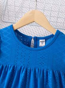 SHEIN Vestido de línea A con volados en el dobladillo, mangas cortas y calado de punto para niñas, estilo dulce y fresco, elegante, apropiado para verano, exteriores y toda ocasión, fresco y fresco en el caluroso verano - Azul - Ver 4