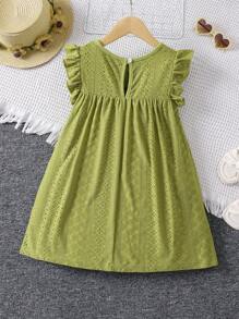 SHEIN Vintaside Kids Young Girl Eyelet Embroidery Ruffle Trim Smock Dress,Holiday,Summer,Travel - Army Green - View 2