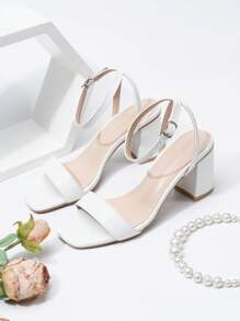女性極簡風格粗跟踝帶優雅白色涼鞋 - 白色 - 查看 2