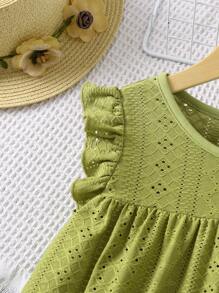 SHEIN Vintaside Kids Young Girl Eyelet Embroidery Ruffle Trim Smock Dress,Holiday,Summer,Travel - Army Green - View 4