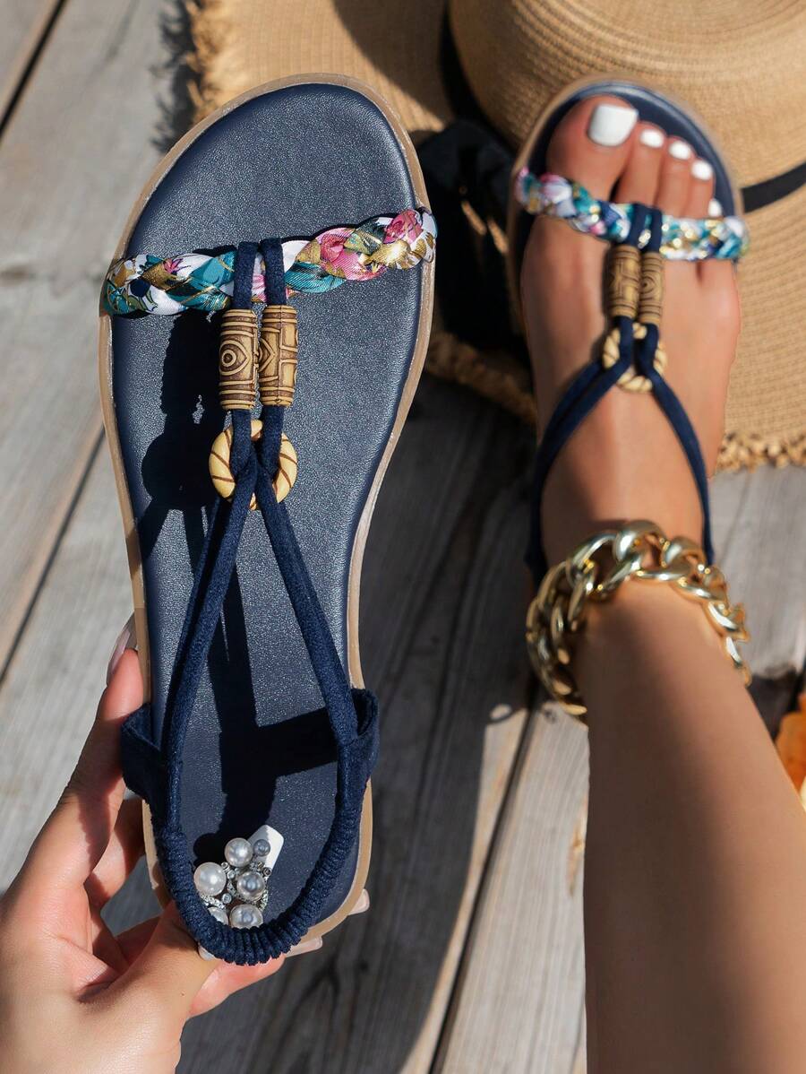 女士珠子裝飾露跟時尚夏天平底涼鞋 - 藏蓝色 - 查看 1