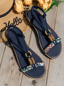 女士珠子裝飾露跟時尚夏天平底涼鞋 - 藏蓝色 - 查看 4