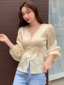 DAZY Solid Button Front Bishop Sleeve Blouse - Champagne - View 3