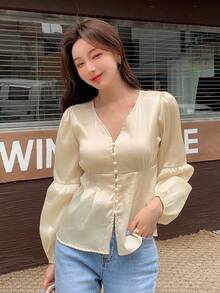 DAZY Solid Button Front Bishop Sleeve Blouse - Champagne - View 4
