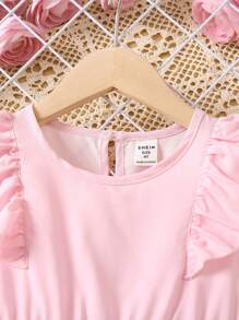 SHEIN 小女童印花荷葉邊後鎖孔連衣裙 - 粉色 - 查看 3
