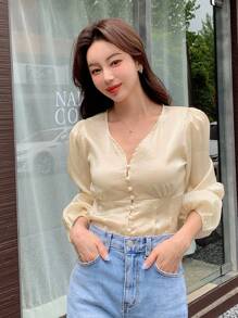 DAZY Solid Button Front Bishop Sleeve Blouse - Champagne - View 1