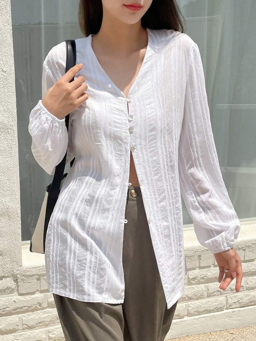 DAZY Solid Button Front Lantern Sleeve Blouse - White - View 1