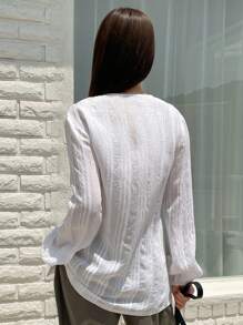 DAZY Solid Button Front Lantern Sleeve Blouse - White - View 2