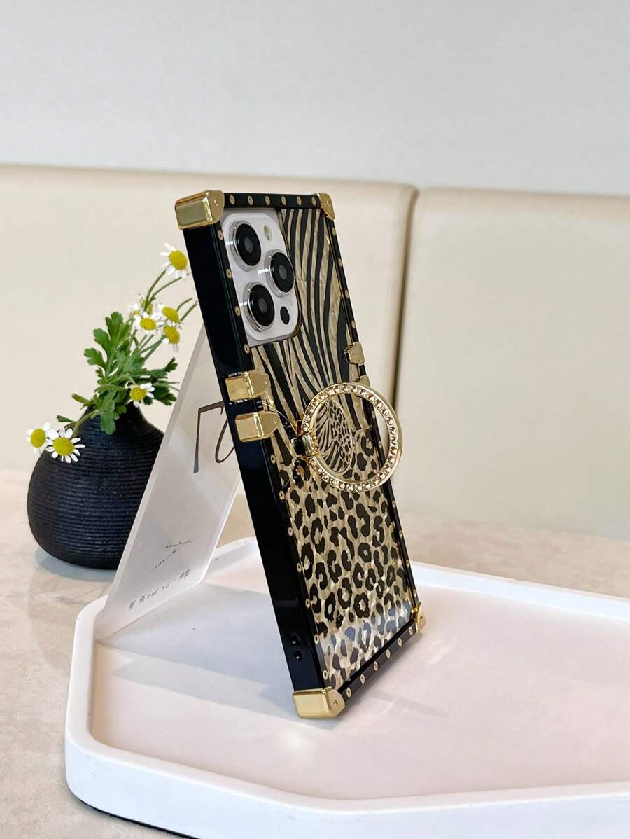 Ốp điện thoại họa tiết da báo có vòng giữ dây, phiên bản quốc tế, không phải phiên bản nội địa. - Vàng - Xem 1